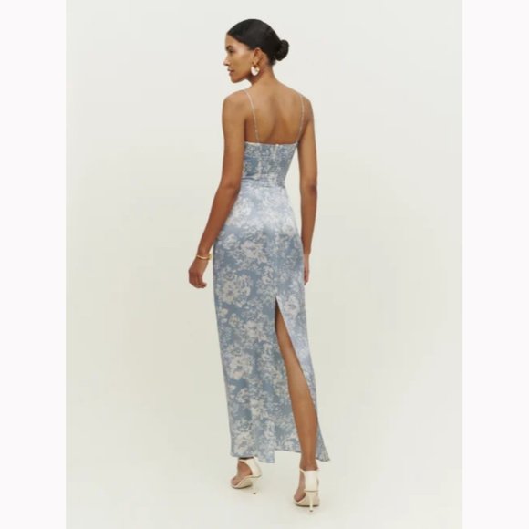 NWOT Reformation Frankie Silk Dress in Porcelain Blue White Floral Print - Picture 2 of 11